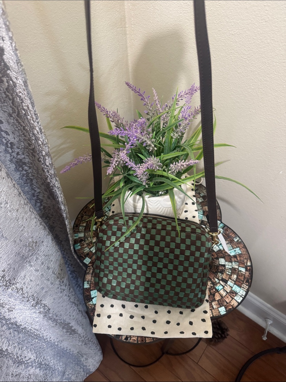 Clare V Brown & Green Checker Woven Crossbody Bag